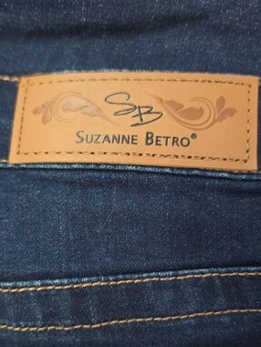 Suzanne Betro Women's Navy Denim Jeans with Tan Leather Patch